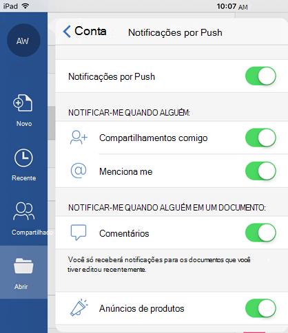 Toque no botão de perfil para configurar notificações por push para documentos compartilhados