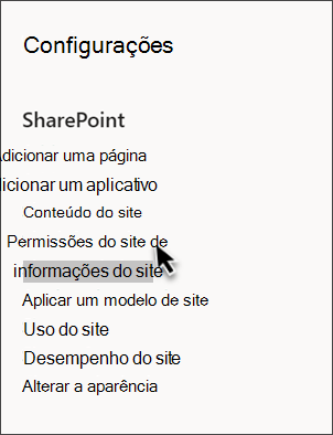 Captura de tela das configurações do SharePoint com informações do site selecionadas