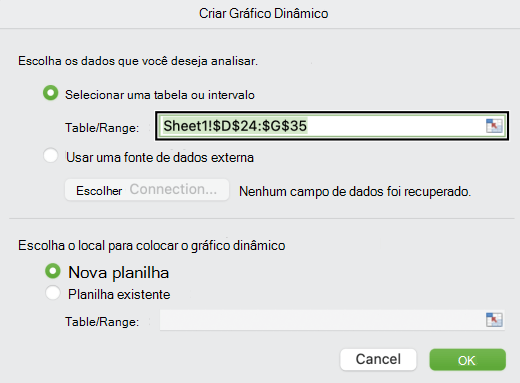 A caixa de diálogo Criar Gráfico Dinâmico no Mac.
