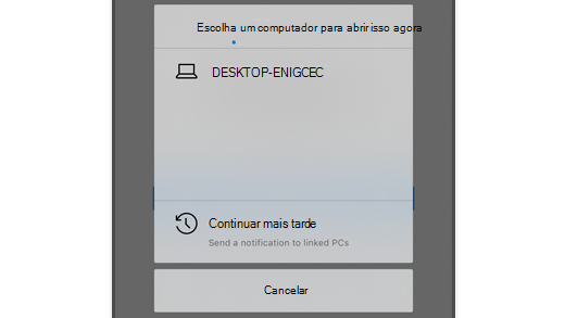 Captura de tela mostrando Escolher um computador no Microsoft Edge no iOS para que o usuário possa abrir a página da Web em seu computador.