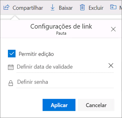 Opções de configuração de link para compartilhar um arquivo no OneDrive