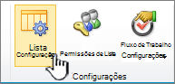 Botão Configurações da lista na faixa de opções da página