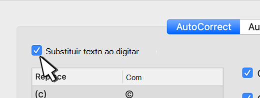 Outlook para Mac substituir texto à medida que você digitar caixa de seleção