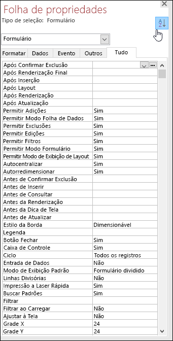 Captura de tela da folha de propriedades do Access com propriedades classificação alfabética