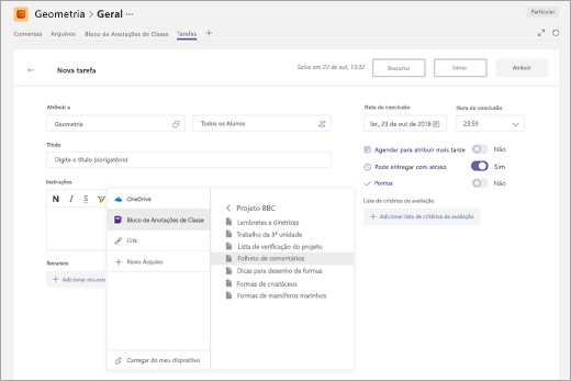 Selecionar uma página de anotações de classe do OneNote para anexar a uma tarefa no Microsoft Teams