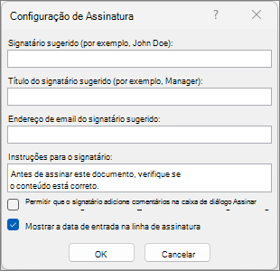 Caixa de diálogo configuração de assinatura