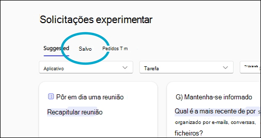 A biblioteca de solicitações do Copilot Lab com a guia Solicitações salvas realçada.