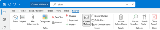 A pesquisa do Outlook abre uma nova faixa de opções com botões de filtro de pesquisa.