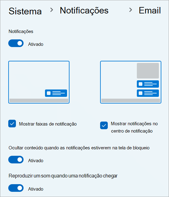 Configurações de notificação para o aplicativo Mail em Windows 11.