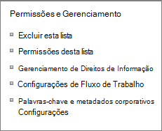 Listar permissões e links de Configurações de Gerenciamento