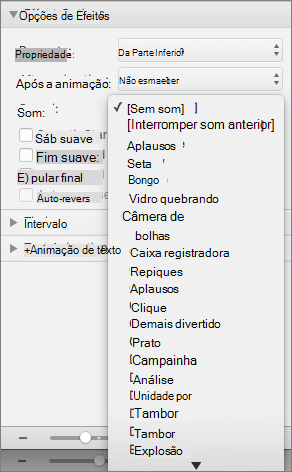 A captura de tela mostra a seção Opções de Efeito do painel Animações com o menu de Som expandido.