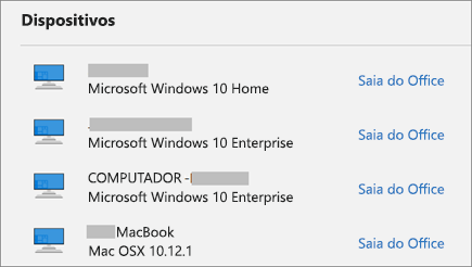 Exibe dispositivos Windows e Mac e o link Saia do Office em account.Microsoft.com
