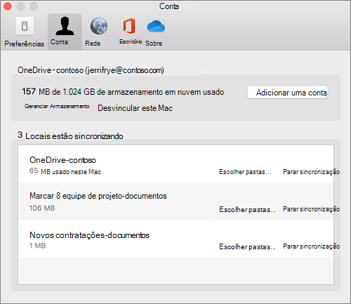 Captura de tela da guia Conta no cliente Sincronização do OneDrive para o Mac