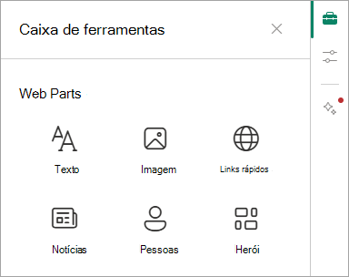 Captura de ecrã a mostrar a Caixa de Ferramentas e algumas das peças Web disponíveis.