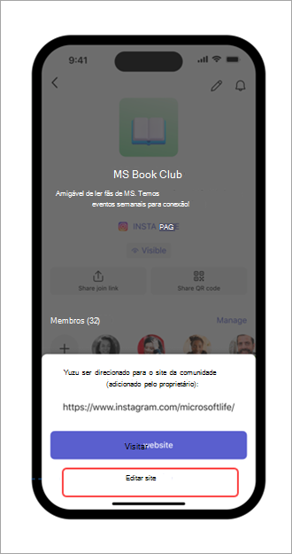 Captura de tela do botão editar site no Microsoft Teams (gratuito) em um dispositivo móvel.