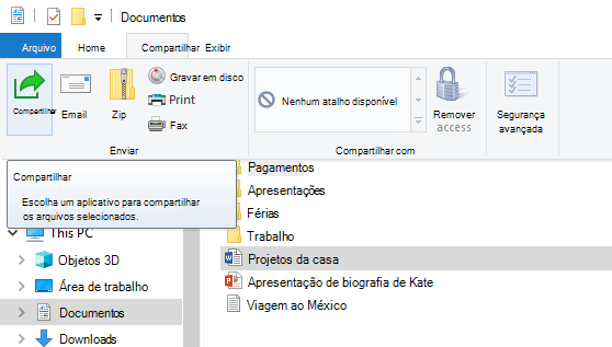 Onde encontrar o botão Compartilhar no Explorador de Arquivos no Windows 10