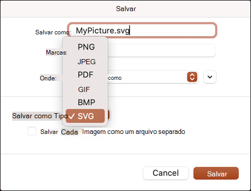 Salvar como caixa de diálogo no PowerPoint 2021 para Mac com a opção SVG selecionada