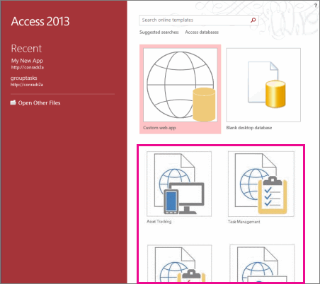 Modelos de aplicativos na tela de inicialização do Access 2013.