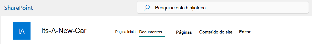 Um menu da barra superior do Site do SharePoint com a opção Documentos selecionada.