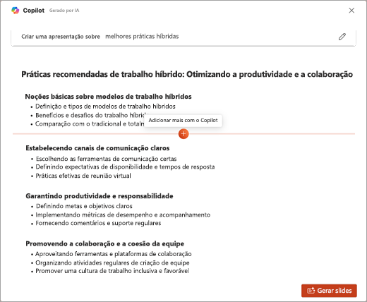 Captura de tela do recurso Adicionar Mais com o Copilot no PowerPoint Copilot.