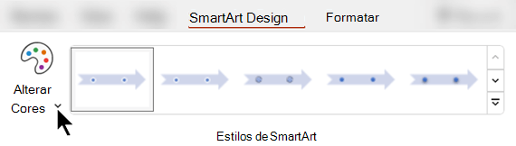 Na guia Design SmartArt, use Alterar Cores para selecionar uma cor diferente para seu gráfico.