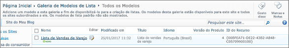 Página da Galeria de listas com um modelo de lista