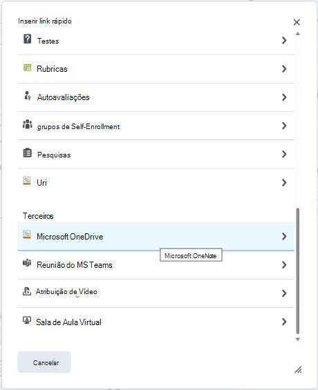 Anexar o arquivo Do OneDrive a uma atribuição usando o menu Anexar a Atribuição do Brightspace Quicklink.