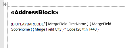 Uma etiqueta de correio com os campos AddressBlock e código de barras