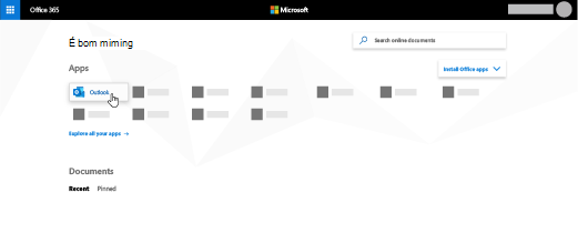 Home page do Office 365 com o aplicativo Outlook realçado