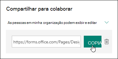 Um link de URL de colaboração de formulário ao lado dos botões Copiar e Excluir