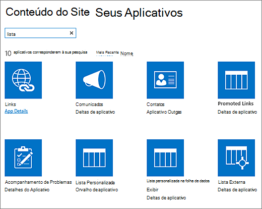 Listar aplicações na página Conteúdos do Site