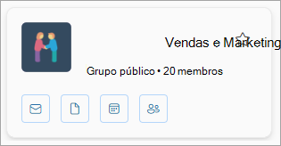 Um grupo card apresenta o nome do grupo, o número de membros e tem ícones para e-mail, ficheiros, calendário e membros.