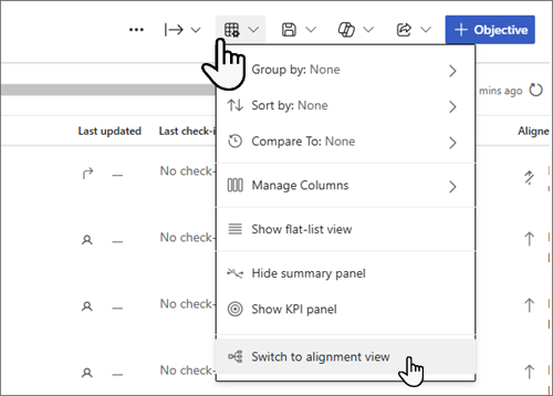 Captura de ecrã do menu Opções de Vista com a opção Mudar para a vista de alinhamento selecionada.