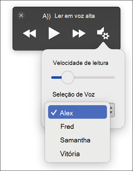 Quatro opções de seleção de voz exibidas para o recurso de Leitura em Voz Alta da Leitura Avançada