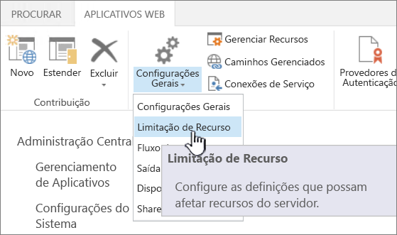 Limitação de Recursos de Administração Central selecionado.