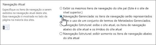 Seção de navegação atual com navegação gerenciada selecionada