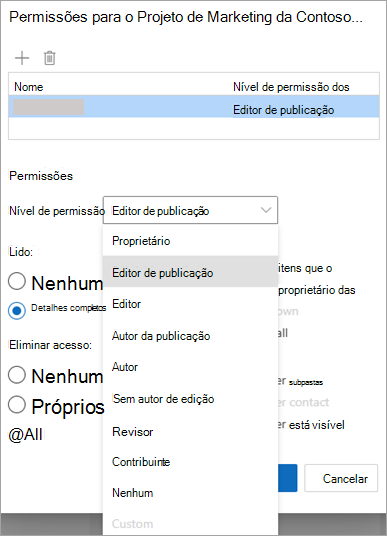 Captura de ecrã a mostrar o menu pendente Nível de permissão ao partilhar uma pasta