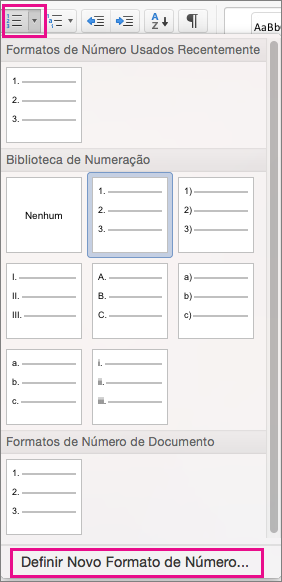 Na guia Página Inicial, o ícone Numeração e a opção Definir Novo Formato de Número são realçados.