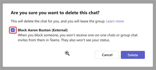 Captura de tela mostrando opções para excluir uma solicitação de mensagem ou bloquear o remetente