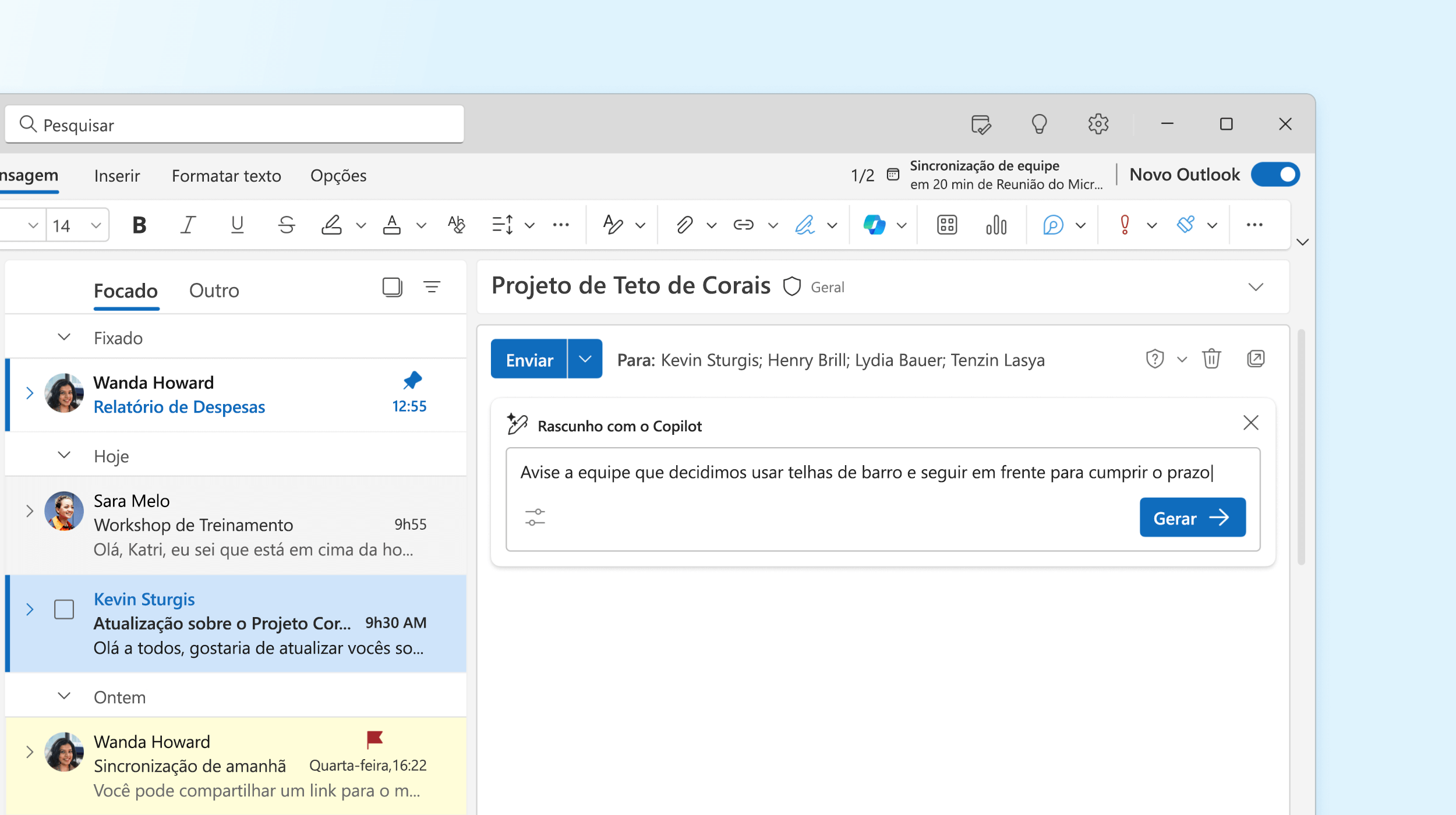 A captura de tela mostra o Copilot no Outlook elaborando uma mensagem de email.