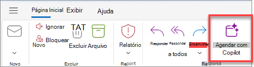 Mostra a barra de ferramentas do Outlook com o botão "Agendar com Copilot" destacado.