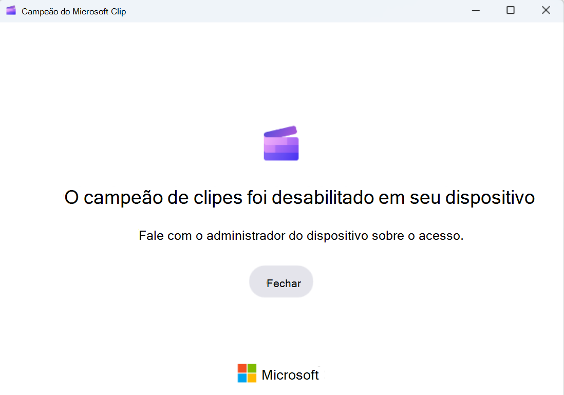 Usuários do aplicativo Clipchamp para Windows verão essa tela se o acesso estiver bloqueado