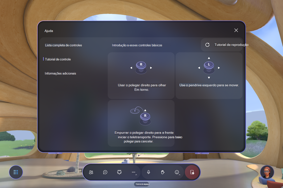 Você pode acessar o tutorial controle para dispositivos Quest no menu Ajuda