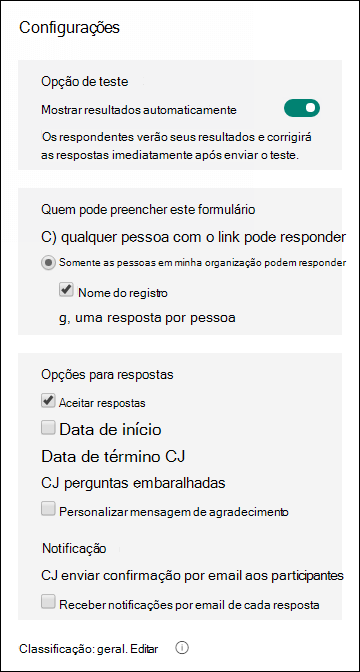 Ajustar as configurações do formulário ou do tete no Microsoft Forms -  Suporte da Microsoft