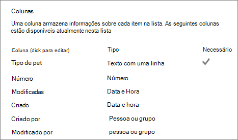 Seção Listar colunas em Configurações de Lista