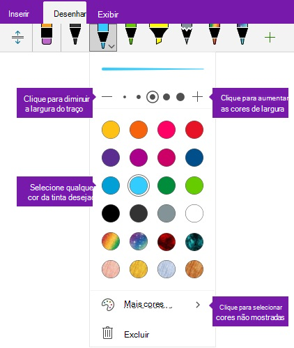 Opções de largura e a cor do traço no OneNote para Windows 10 de tinta