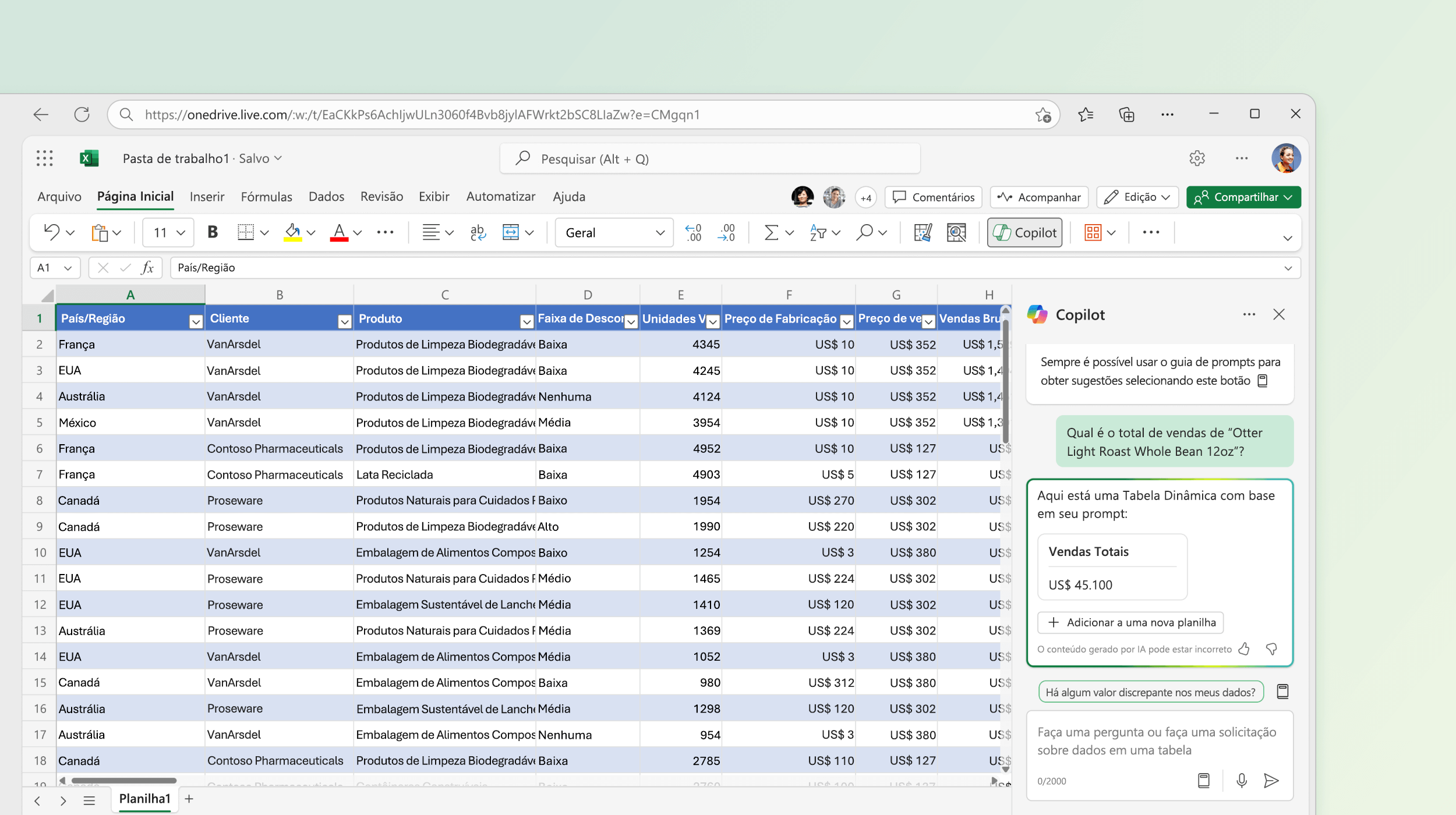 A captura de tela mostra o Copilot no Excel sugerindo uma tabela dinâmica com base nos dados existentes.