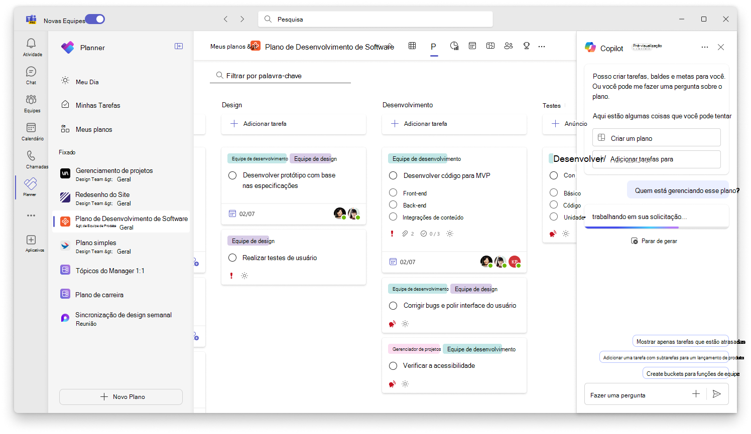 A captura de tela mostra a interface do usuário do Copilot no Planner acompanhando o progresso.