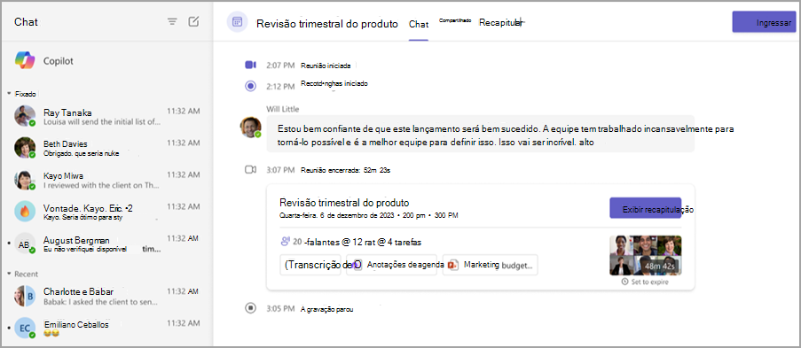 Captura de tela mostrando recursos de recapitulação de reunião em um chat de reunião.
