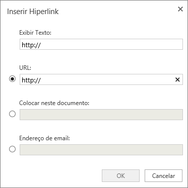 A captura de tela mostra a caixa de diálogo Inserir hiperlink, onde você pode inserir informações para exibir texto e uma URL, especificar um local no documento ou um endereço de email.